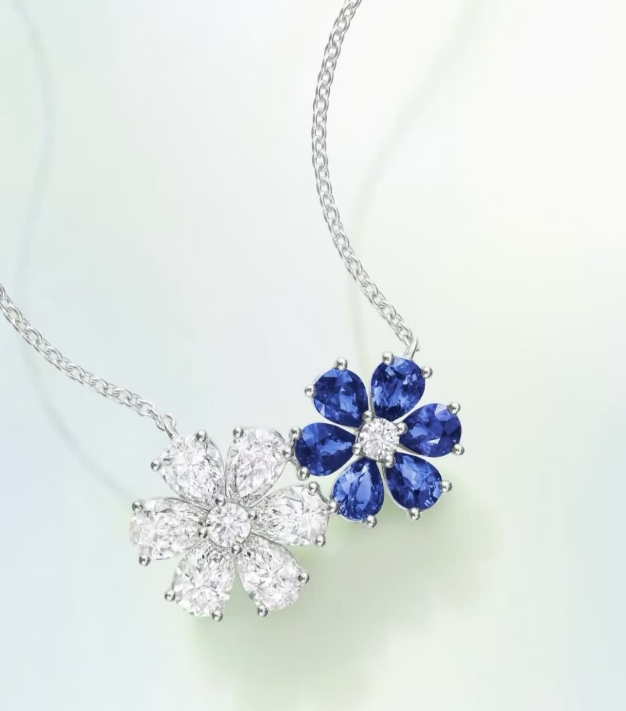 Harry Winston Elegant Blue and White Diamond Flower Necklace
